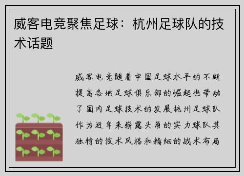 威客电竞聚焦足球：杭州足球队的技术话题