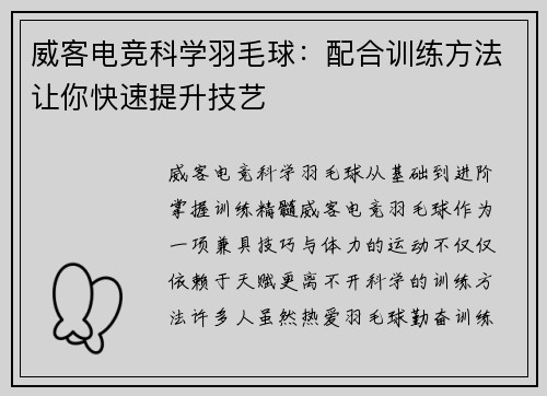 威客电竞科学羽毛球：配合训练方法让你快速提升技艺