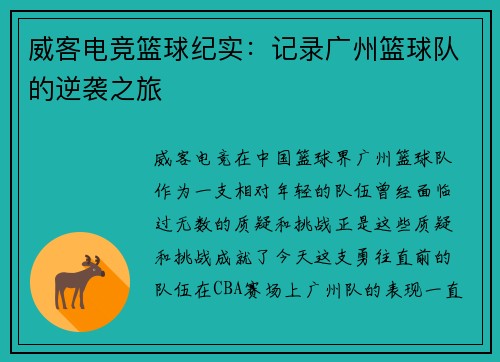 威客电竞篮球纪实：记录广州篮球队的逆袭之旅