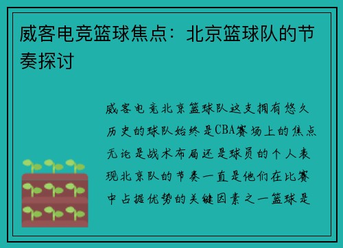 威客电竞篮球焦点：北京篮球队的节奏探讨