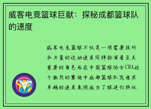 威客电竞篮球巨献：探秘成都篮球队的速度
