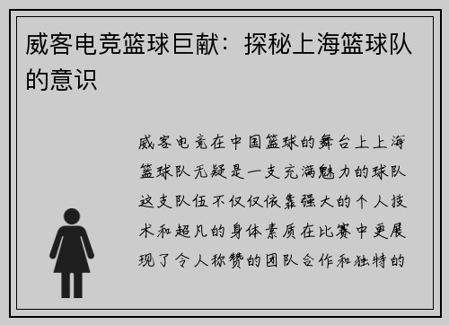 威客电竞篮球巨献：探秘上海篮球队的意识