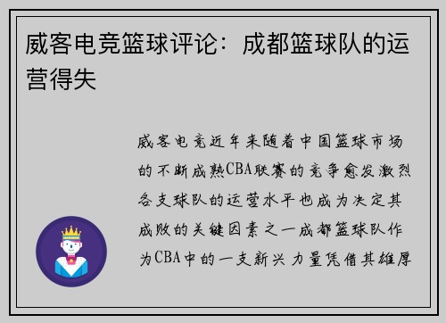 威客电竞篮球评论：成都篮球队的运营得失