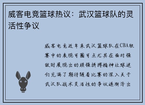 威客电竞篮球热议：武汉篮球队的灵活性争议