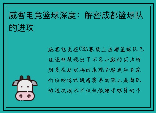 威客电竞篮球深度：解密成都篮球队的进攻