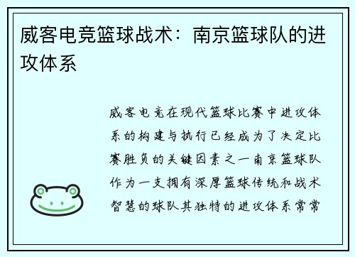威客电竞篮球战术：南京篮球队的进攻体系