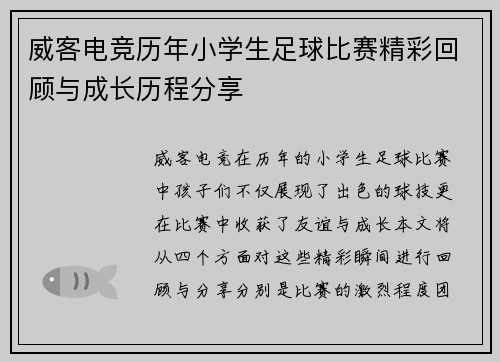 威客电竞历年小学生足球比赛精彩回顾与成长历程分享