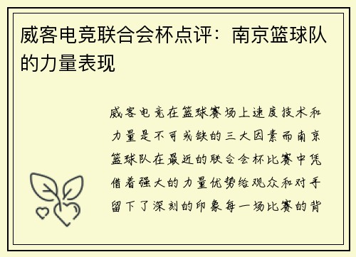 威客电竞联合会杯点评：南京篮球队的力量表现