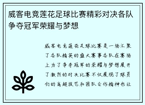 威客电竞莲花足球比赛精彩对决各队争夺冠军荣耀与梦想