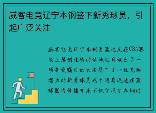 威客电竞辽宁本钢签下新秀球员，引起广泛关注