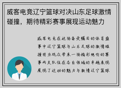 威客电竞辽宁篮球对决山东足球激情碰撞，期待精彩赛事展现运动魅力