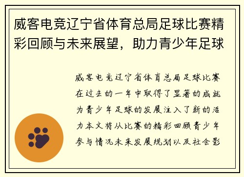 威客电竞辽宁省体育总局足球比赛精彩回顾与未来展望，助力青少年足球发展