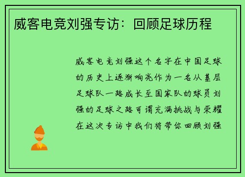 威客电竞刘强专访：回顾足球历程