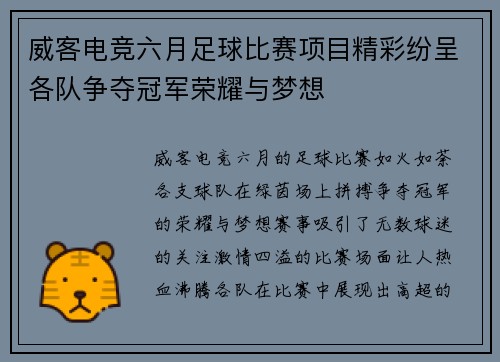 威客电竞六月足球比赛项目精彩纷呈各队争夺冠军荣耀与梦想