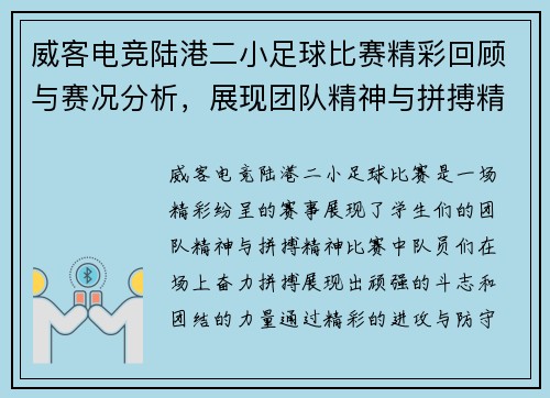 威客电竞陆港二小足球比赛精彩回顾与赛况分析，展现团队精神与拼搏精神