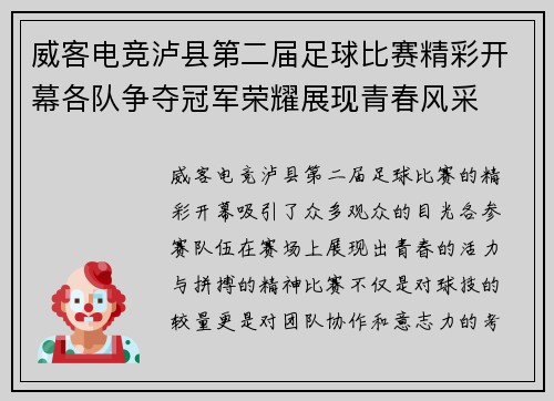 威客电竞泸县第二届足球比赛精彩开幕各队争夺冠军荣耀展现青春风采