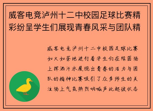 威客电竞泸州十二中校园足球比赛精彩纷呈学生们展现青春风采与团队精神