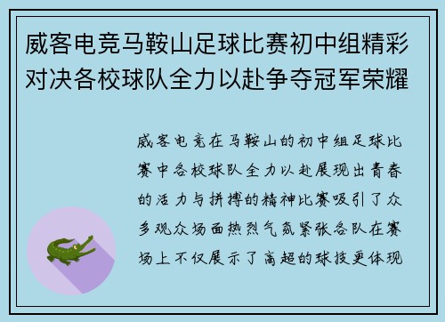 威客电竞马鞍山足球比赛初中组精彩对决各校球队全力以赴争夺冠军荣耀