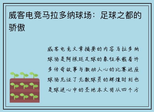 威客电竞马拉多纳球场：足球之都的骄傲