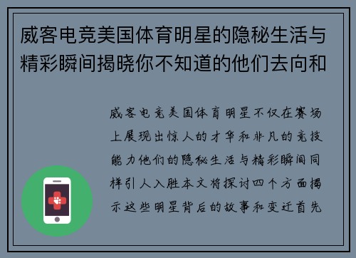 威客电竞美国体育明星的隐秘生活与精彩瞬间揭晓你不知道的他们去向和变迁