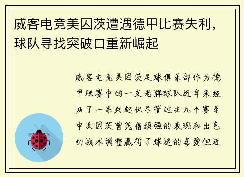 威客电竞美因茨遭遇德甲比赛失利，球队寻找突破口重新崛起