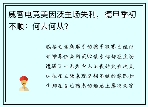威客电竞美因茨主场失利，德甲季初不顺：何去何从？