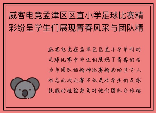威客电竞孟津区区直小学足球比赛精彩纷呈学生们展现青春风采与团队精神
