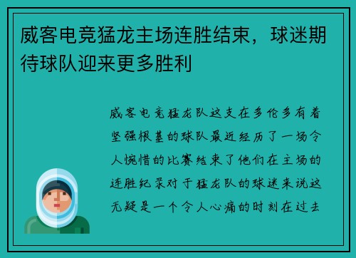 威客电竞猛龙主场连胜结束，球迷期待球队迎来更多胜利