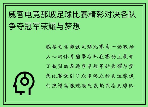 威客电竞那坡足球比赛精彩对决各队争夺冠军荣耀与梦想