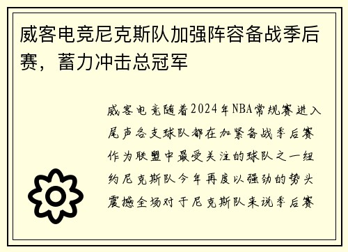威客电竞尼克斯队加强阵容备战季后赛，蓄力冲击总冠军