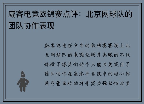威客电竞欧锦赛点评：北京网球队的团队协作表现