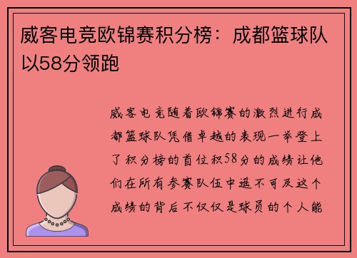 威客电竞欧锦赛积分榜：成都篮球队以58分领跑