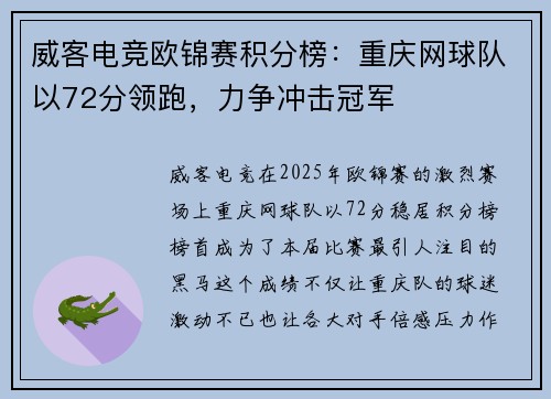 威客电竞欧锦赛积分榜：重庆网球队以72分领跑，力争冲击冠军