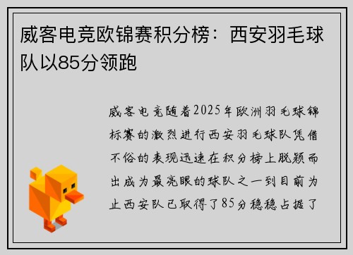 威客电竞欧锦赛积分榜：西安羽毛球队以85分领跑