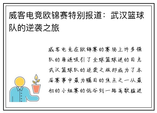 威客电竞欧锦赛特别报道：武汉篮球队的逆袭之旅