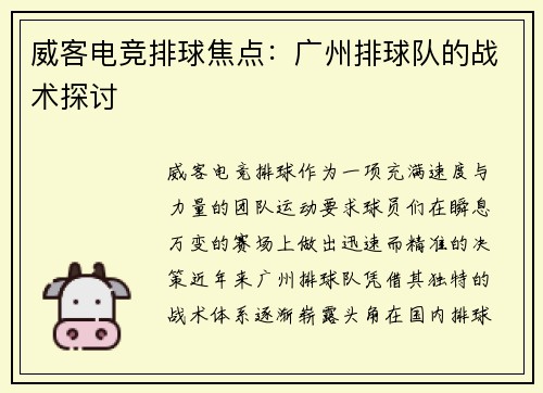 威客电竞排球焦点：广州排球队的战术探讨