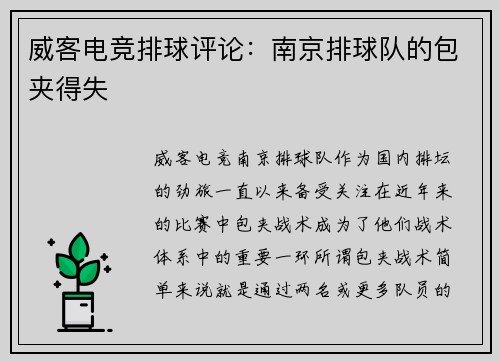 威客电竞排球评论：南京排球队的包夹得失