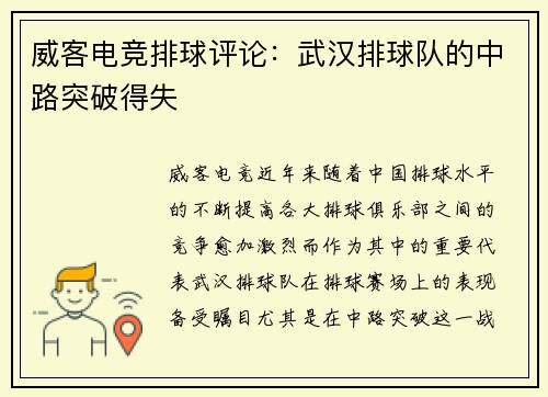 威客电竞排球评论：武汉排球队的中路突破得失