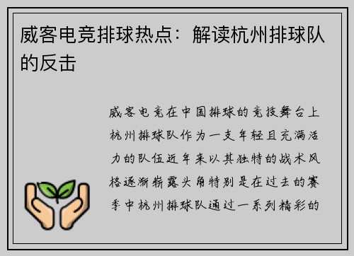 威客电竞排球热点：解读杭州排球队的反击