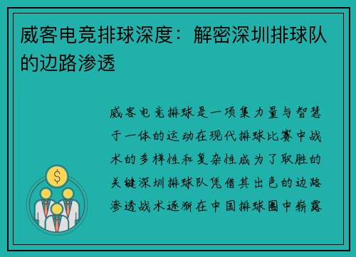 威客电竞排球深度：解密深圳排球队的边路渗透