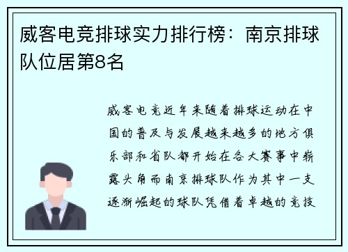 威客电竞排球实力排行榜：南京排球队位居第8名