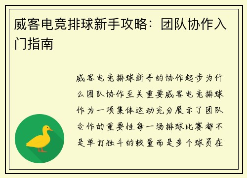威客电竞排球新手攻略：团队协作入门指南