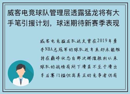 威客电竞球队管理层透露猛龙将有大手笔引援计划，球迷期待新赛季表现
