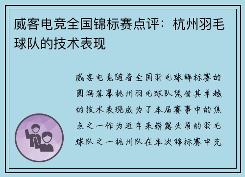 威客电竞全国锦标赛点评：杭州羽毛球队的技术表现