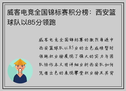 威客电竞全国锦标赛积分榜：西安篮球队以85分领跑