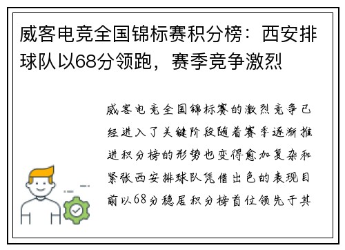 威客电竞全国锦标赛积分榜：西安排球队以68分领跑，赛季竞争激烈