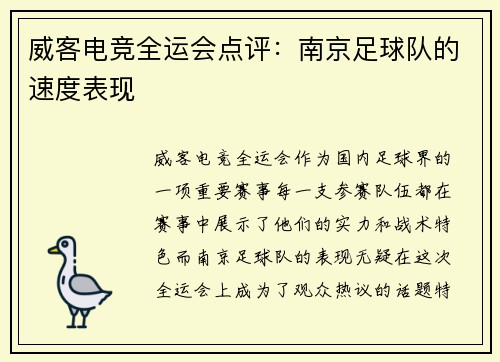 威客电竞全运会点评：南京足球队的速度表现