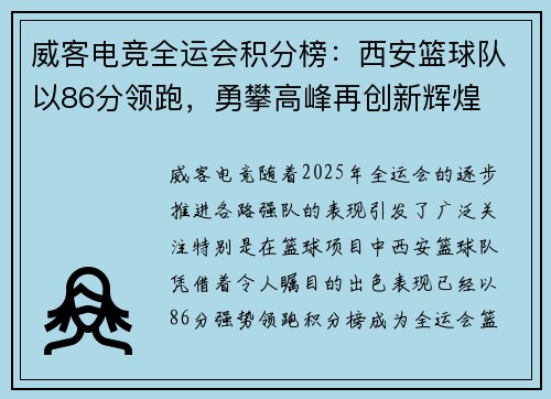 威客电竞全运会积分榜：西安篮球队以86分领跑，勇攀高峰再创新辉煌