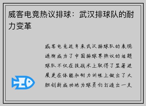威客电竞热议排球：武汉排球队的耐力变革