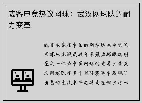 威客电竞热议网球：武汉网球队的耐力变革